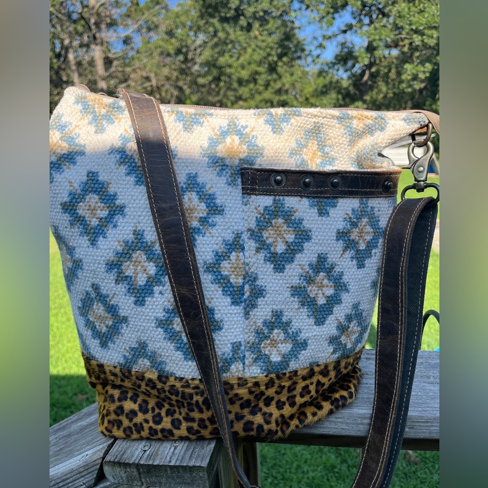 Elegant Myra Blue and Brown, Cheetah Patterned Shoulder Bag